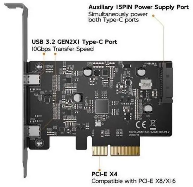 Alt view image 3 of 5 - MAIWO 10Gbps PCIE USB C 3.2 GEN 2 Card, 2-Port USB-C to PCIE Expansion Card, Support PCIE X4 X8 X16 Host, PCI Express X4 to USB 3.2 GEN 2 Adapter for Desktop PC