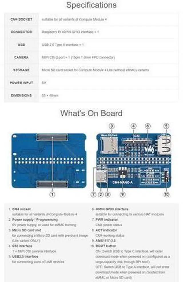 Alt view image 4 of 5 - Nano Base Board (A) for Raspberry Pi Compute Module 4 Same Size as The CM4 Base Board for Compute Module 4 Lite/eMMC