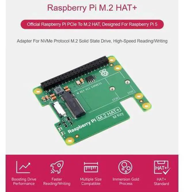 Alt view image 2 of 5 - Official Pi PCIe to M.2 HAT for Raspberry Pi 5, HAT + Standard, Supports NVMe Protocol M.2 Solid State Drive 2230/2242 High-Speed Reading/Writing