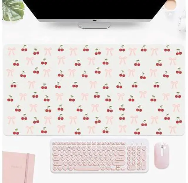 Alt view image 2 of 5 - Idocolors Bow Cherry Desk Mat, Cute Extended Gaming Keyboard Mouse Pad, Large Office Desk Cover Mat Pad Deskmat, Non-Slip Leather Home Office Desk Mat Protector 31.5"15.7"