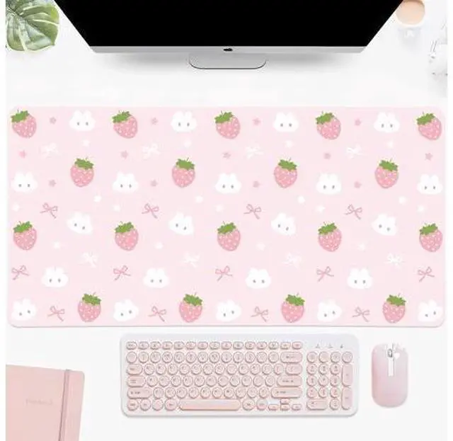 Alt view image 2 of 5 - Idocolors Pink Strawberry Desk Mat, Cute Extended Gaming Keyboard Mouse Pad, Large Office Desk Cover Mat Pad Deskmat, Non-Slip Leather Home Office Desk Mat Protector 27.6"x13.8"
