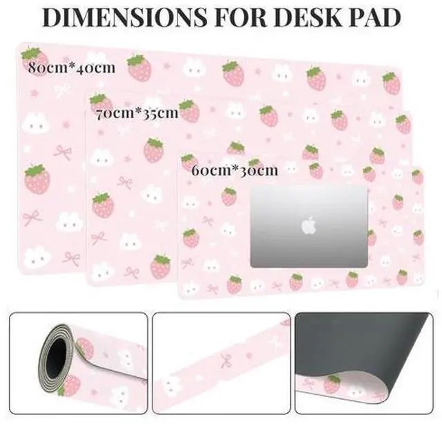 Alt view image 3 of 5 - Idocolors Pink Strawberry Desk Mat, Cute Extended Gaming Keyboard Mouse Pad, Large Office Desk Cover Mat Pad Deskmat, Non-Slip Leather Home Office Desk Mat Protector 27.6"x13.8"
