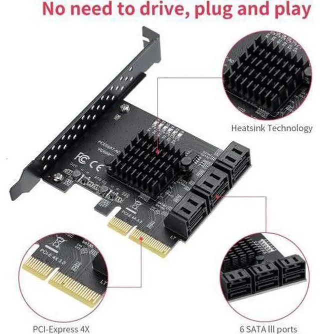 Alt view image 2 of 5 - YABOANG SATA X4 Karte 6 Port Erweiterungskarte, PCIe to Controller Expansion Card, 6Gbps PCIe Card with 6 SATA Cables, ASM1166 6-Port-Chip, Integrated Adapter Converter for Desktop PC