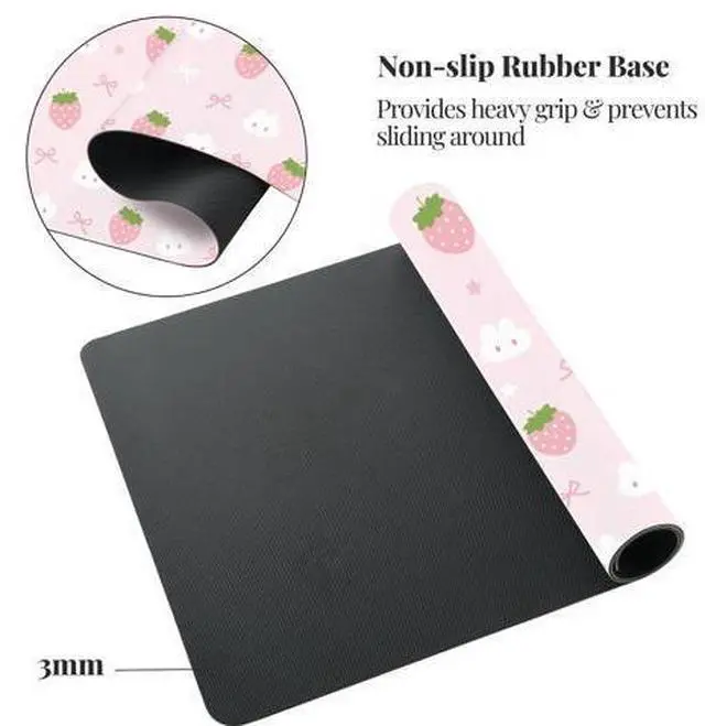 Alt view image 5 of 5 - Idocolors Pink Strawberry Desk Mat, Cute Extended Gaming Keyboard Mouse Pad, Large Office Desk Cover Mat Pad Deskmat, Non-Slip Leather Home Office Desk Mat Protector 27.6"x13.8"