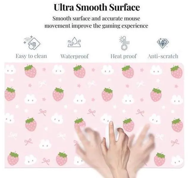 Alt view image 4 of 5 - Idocolors Pink Strawberry Desk Mat, Cute Extended Gaming Keyboard Mouse Pad, Large Office Desk Cover Mat Pad Deskmat, Non-Slip Leather Home Office Desk Mat Protector 27.6"x13.8"