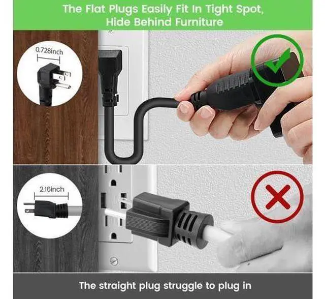 Alt view image 4 of 5 - 8 Inch Short Power Extension Cord 10Pack,90-Degree Low Profile Flat Plug 3-Prong Male to Female Heavy Duty Grounded Power Extension Cable Outlet Saver Socket Adapter, ETL Listed, 16AWG, SJTW 13A 1625W