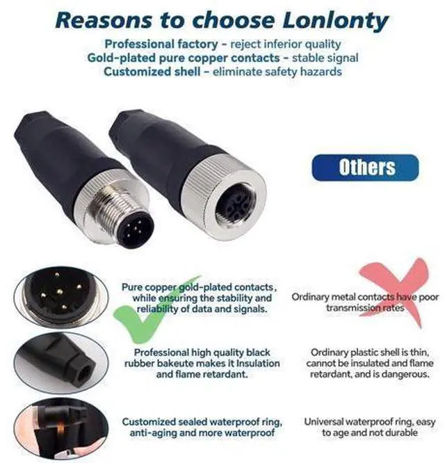 Alt view image 4 of 5 - Lonlonty M12 4 Pin Male & Female Socket Panel Aviation Wire Connector,12mm Industrial Circular Connector,Outdoor Waterproof IP67,4 Sets