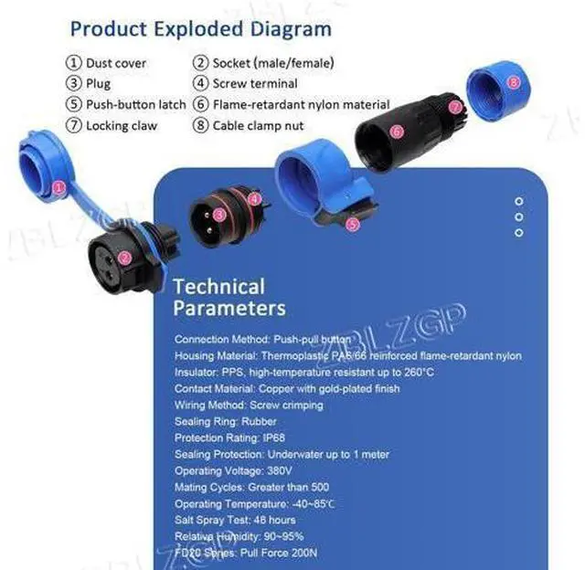 Alt view image 4 of 5 - ZBLZGP FD20 3 Pin Industrial Connector, Solder-Free Screw Termination, Vibration-Proof, 1500V Tolerance, for New Energy Storage Device Wiring