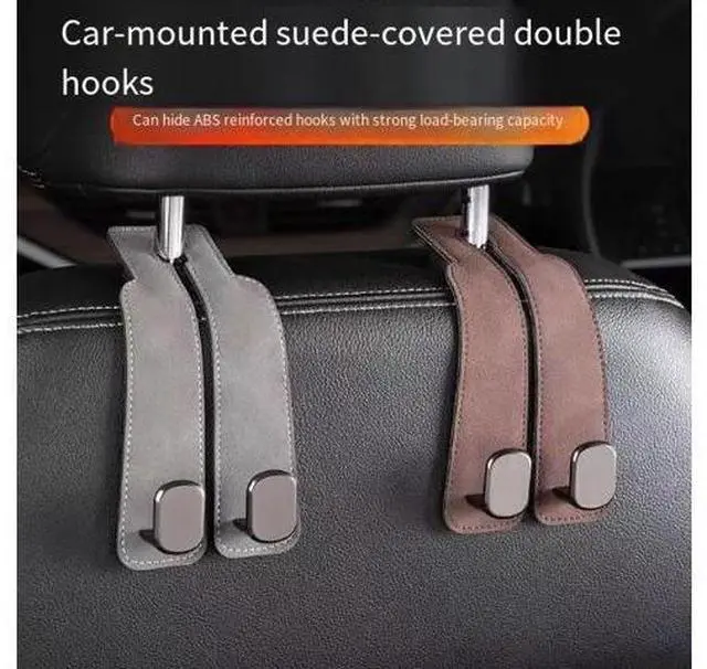 Alt view image 4 of 5 - Car seat back straps, in-car multi-functional hidden suede-covered universal hooks, vehicle rear seat storage small hooks Grey:Two hooks two pieces assembled