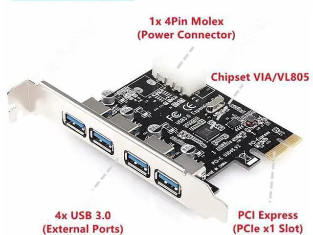 Alt view image 2 of 6 - 4 Port USB3.0 PCIe 1x PCI Express Adapter Expaon Control Card 5Gbps with 4Pin Power Connector USB 3.0 Hub Chipset VIA VL805
