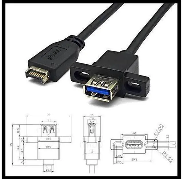 Alt view image 2 of 5 - USB 3.2 front panel cable of TYPE-E KEY-A to USB-AM short cable 10G chassis with screw holes present