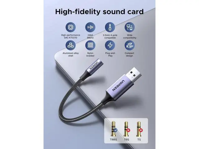 Alt view image 3 of 7 - UGREEN USB to 3.5mm Jack Audio Adapter Sound Card Support Mic TRRS Headphone DAC 24bit 96kHz Nylon Braided USB to Aux Jack Compatible with Windows Mac Linux PC PS5 PS4 Switch 2 Speaker, 9.8 Inch