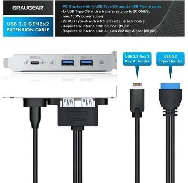Alt view image 2 of 7 - 20Gbps USB3.2 Gen2x2 USB-C Front Panel Adapter, Motherboard Header Exteon Cable, USB-C and USB to USB3.2 Type-E Key-A 20-Pin and 19-Pin USB3.0 Connectors with PCIe Bracket