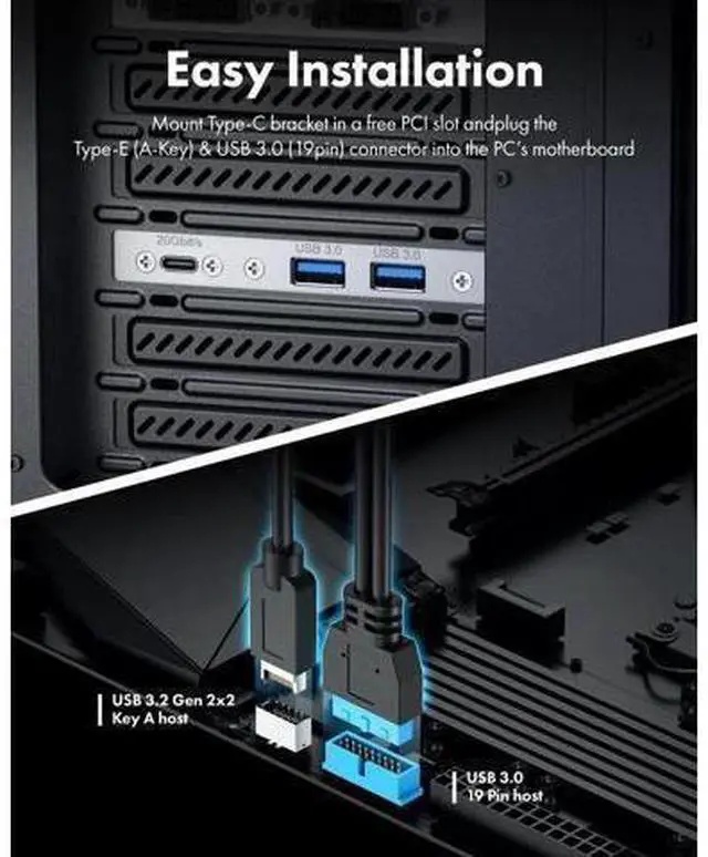 Alt view image 3 of 7 - 20Gbps USB3.2 Gen2x2 USB-C Front Panel Adapter, Motherboard Header Exteon Cable, USB-C and USB to USB3.2 Type-E Key-A 20-Pin and 19-Pin USB3.0 Connectors with PCIe Bracket