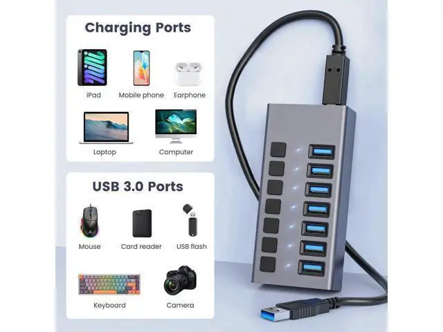 Alt view image 6 of 7 - Powered USB Hub - 7 Ports 36W USB 3.0 Data Port & Charge Port, Aluminum Housing, Individual On/Off Switches, 12V/3A Power Adapter, 5Gbps High Speed, USB 3.0 Hub for Laptop, PC, Computer, Mobile HDD