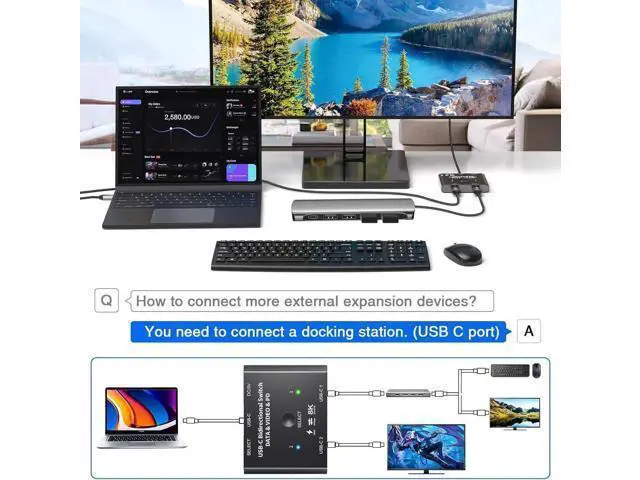 Alt view image 5 of 7 - SMA USB C Switch,2 in 1 Out/1 in 2 Out Bi-Directional USB C Switcher Selector for 2 Laptops Share 1 USB Device, 8K@60Hz/10Gbps Data Transfer/100W Charging,Come with Wired Control and 2 UBS C Cables