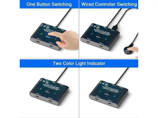 Alt view image 6 of 7 - SMA USB C Switch,2 in 1 Out/1 in 2 Out Bi-Directional USB C Switcher Selector for 2 Laptops Share 1 USB Device, 8K@60Hz/10Gbps Data Transfer/100W Charging,Come with Wired Control and 2 UBS C Cables