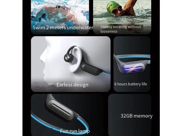 Alt view image 2 of 7 - Bone Conduction Headphones Swimming Open Ear Headphones Wireless Bluetooth 5.3 Air Conduction Headphones with Breathing Light, IP68 Waterproof Earbuds Built-in MP3 Player 32G Memory,White