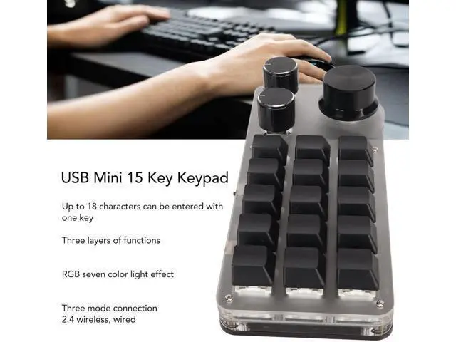 Alt view image 2 of 7 - Heayzoki 15 Key Mechanical Gaming Keyboard with 3 Knob, Mini Programming Macro Keypad with 3 Connection Modes, One Handed Programmable Keypad with Blue Switch