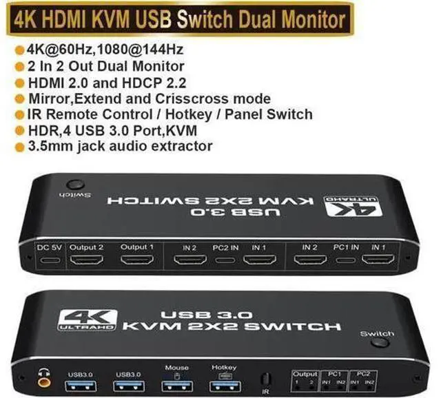 Main image of JAENFONG 4K 60Hz KVM Switch HDMI 2 Port 2 Monitor HDMI KVM Switch USB 3.0 PC Computer KVM Switch Keyboard Mouse Switcher Box for Laptop,PS4,Xbox