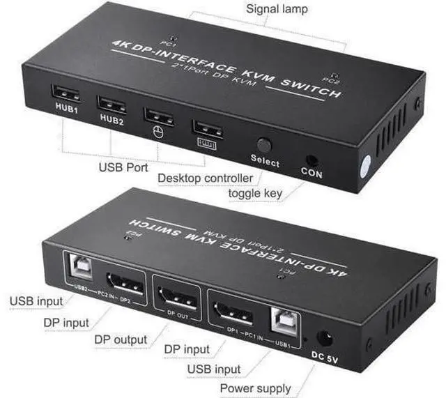 Alt view image 5 of 6 - 2 Port Displayport KVM Switch 4K 60Hz USB DP KVM 2 in 1 out DP USB KVM Switch 2x1 For PC to share monitor mouse keyboard printer