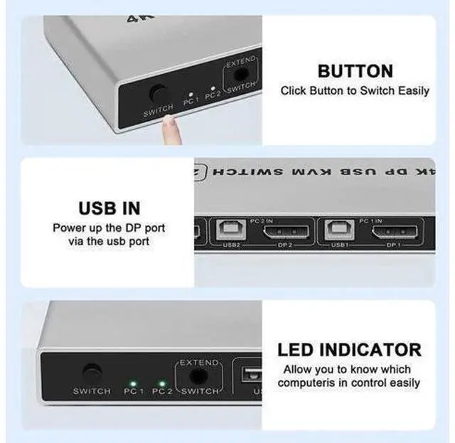 Alt view image 2 of 6 - 8K Dual-port DP USB KVM 2x1 Displayport KVM Switch 2 in 1 out 4K 60Hz 2-Port DP 1.4 USB KVM Switch Support Mouse Keyboad Printer(USB Power cable) (8K)