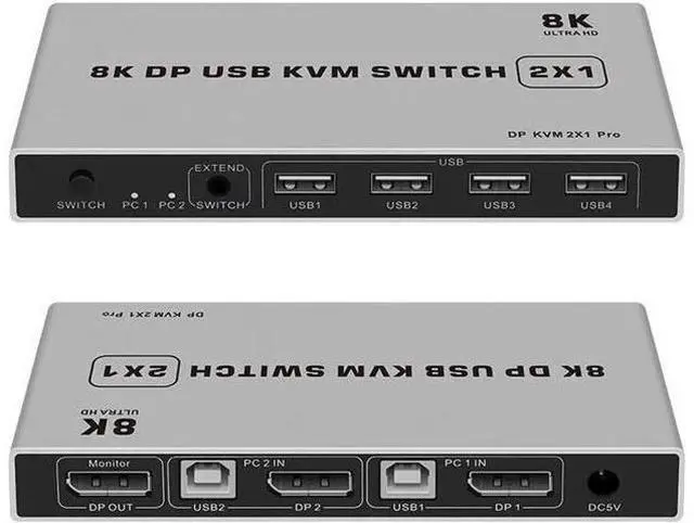 Alt view image 6 of 6 - 8K Dual-port DP USB KVM 2x1 Displayport KVM Switch 2 in 1 out 4K 60Hz 2-Port DP 1.4 USB KVM Switch Support Mouse Keyboad Printer(USB Power cable) (8K)