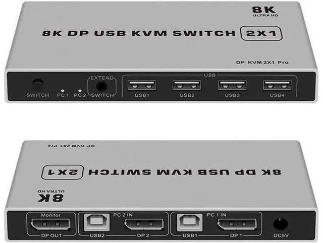 Alt view image 2 of 6 - 8K Dual-port DP USB KVM 2x1 Displayport KVM Switch 2 in 1 out 4K 60Hz 2-Port DP 1.4 USB KVM Switch Support Mouse Keyboad Printer(USB Power cable) (8K)