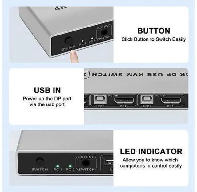Alt view image 5 of 6 - 8K Dual-port DP USB KVM 2x1 Displayport KVM Switch 2 in 1 out 4K 60Hz 2-Port DP 1.4 USB KVM Switch Support Mouse Keyboad Printer(USB Power cable) (8K)
