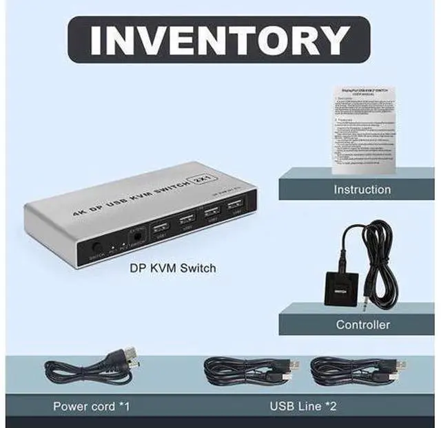 Alt view image 6 of 6 - 8K Dual-port DP USB KVM 2x1 Displayport KVM Switch 2 in 1 out 4K 60Hz 2-Port DP 1.4 USB KVM Switch Support Mouse Keyboad Printer(USB Power cable) (8K)