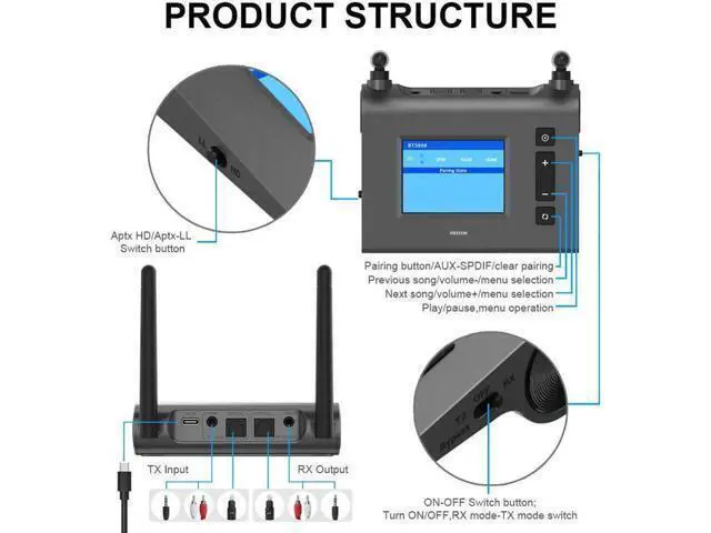 Alt view image 4 of 5 - JAENFONG70M Bluetooth 5.0 Audio Receiver Transmitter For TV PC Car Aptx HD Low Latency Spdif Optical 3.5mm AUX Jack RCA Wireless Adapter