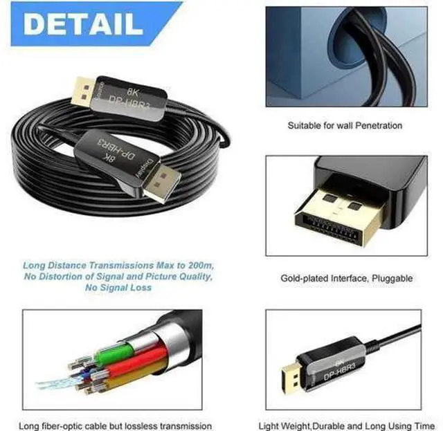Alt view image 5 of 7 - 100FT Fiber 8K 4K DisplayPort Cable( In Wall ), DP 1.4 HBR3 8K@60Hz 4K@144Hz High Speed 32.4Gbps Optical Fiber Slim and Flexible DP to DP Cable