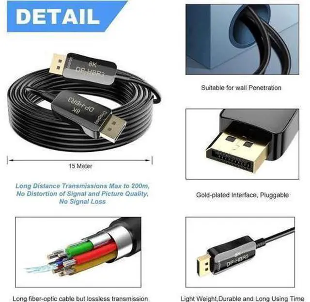 Alt view image 5 of 7 - Vszerda 100FT DP 1.4 Optical Fiber Cable Displayport 1.4 8K@60Hz 4K 144Hz 32.4Gbps for HDTV Projector RTX 3070 3080