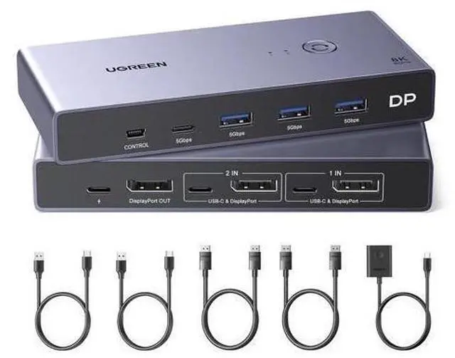 Main image of UGREEN 8K Displayport KVM Switch 2 in 1 Out DP1.4 with 4 USB 3.0 Ports(3 USB-A + 1 USB-C) Support 8K@60Hz 4K@240Hz Share 1 Monitor Keyboard Mouse U-Disk Printer, with 2 DP Cables, 2 USB A to C Cables