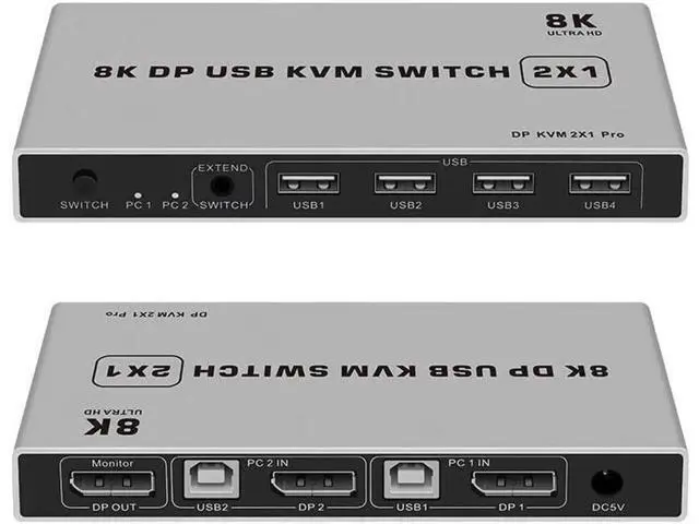 Alt view image 2 of 6 - 4K Dual-port DP USB KVM 2x1 Displayport KVM Switch 2 in 1 out 4K 60Hz 2-Port DP 1.4 USB KVM Switch Support Mouse Keyboad Printer(USB Power cable) (4K)