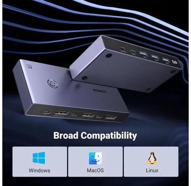 Alt view image 3 of 7 - UGREEN 8K Displayport KVM Switch 2 in 1 Out DP1.4 with 4 USB 3.0 Ports(3 USB-A + 1 USB-C) Support 8K@60Hz 4K@240Hz Share 1 Monitor Keyboard Mouse U-Disk Printer, with 2 DP Cables, 2 USB A to C Cables