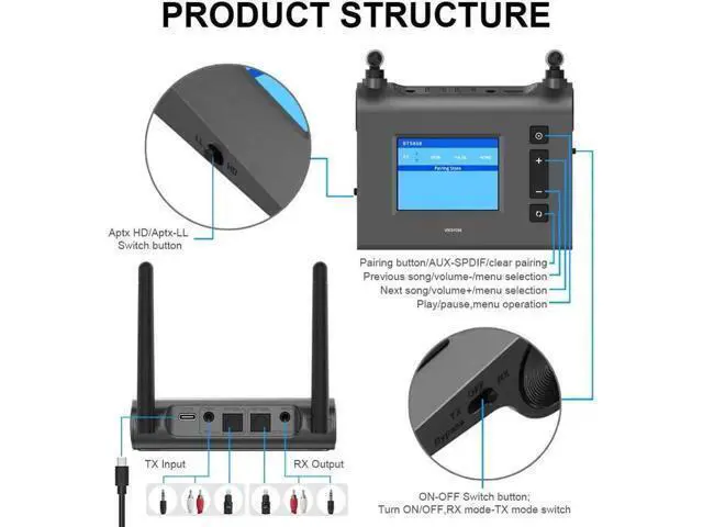Alt view image 5 of 5 - JAENFONG 70M LCD Bluetooth 5.0 Audio Transmitter Receiver 3.5mm 3.5 AUX RCA Jack SPDIF APTX HD LL Wireless Adapter For TV PC Car