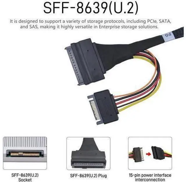 Alt view image 2 of 5 - JAENFONG PCIe 5.0 MCIO x8 to 2 x SFF-8639 Cable for U.2 NVMe SSD with 15Pin Power, 2.1ft(65 cm)