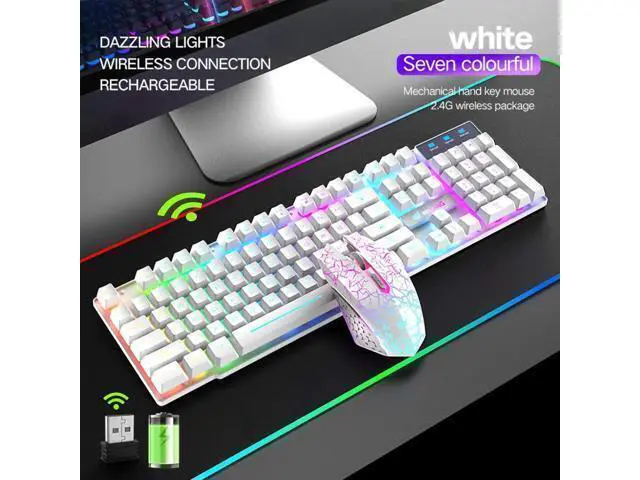 Alt view image 4 of 6 - Wireless gaming keyboard and mouse combination, with rainbow LED backlight, rechargeable waterproof mechanical dustproof 7-color backlight, suitable for laptops, PC gamers