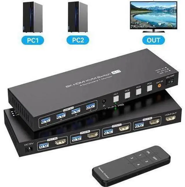 Main image of Vszerda 8K@60Hz HDMI KVM Switch 4 Computers 1 Monitor USB3.0 4K120Hz 4 Ports HDMI KVM Switch 4 in 1 Out for 4 Computers Share 1 Monitor and Keyboard Mouse. with 4 USB Cable and Wireless Controller