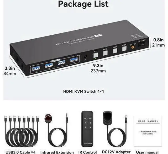 Alt view image 4 of 7 - Vszerda 8K@60Hz HDMI KVM Switch 4 Computers 1 Monitor USB3.0 4K120Hz 4 Ports HDMI KVM Switch 4 in 1 Out for 4 Computers Share 1 Monitor and Keyboard Mouse. with 4 USB Cable and Wireless Controller