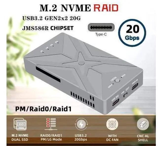 Alt view image 4 of 7 - Vszerda Dual NVME M.2 NGFF M-Key to USB-C Type-C Raid0 Raid1 JOBD Big Enclosure 20Gbps with Fan Raid0 Hyper Adapter