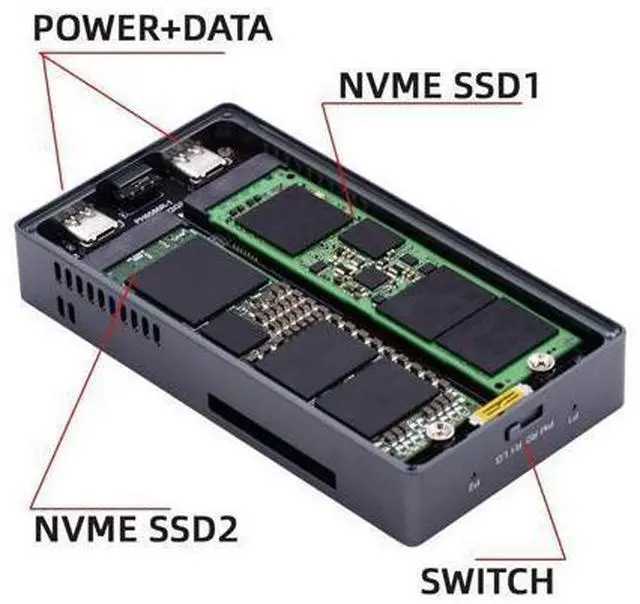Alt view image 6 of 7 - Vszerda Dual NVME M.2 NGFF M-Key to USB-C Type-C Raid0 Raid1 JOBD Big Enclosure 20Gbps with Fan Raid0 Hyper Adapter