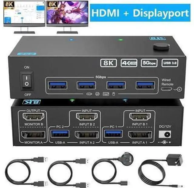 Main image of 4K@144Hz KVM Switch 2 Monitors 2 Computers 8K@60Hz, HDMI and Displayport Dual Monitor KVM Switch with 4 USB 3.0 Port for Keyboard Mouse Printer,Wired Remote,Power Adapter and USB Cable Included