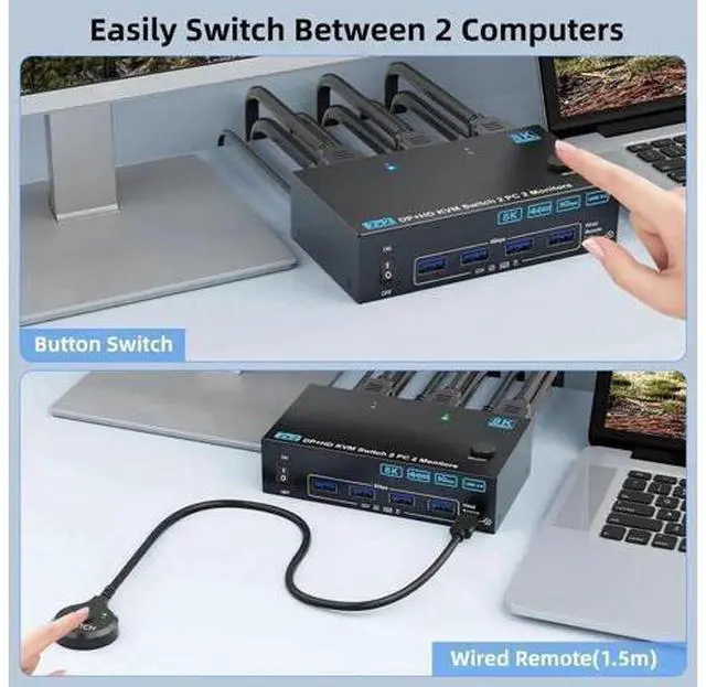 Alt view image 3 of 7 - 4K@144Hz KVM Switch 2 Monitors 2 Computers 8K@60Hz, HDMI and Displayport Dual Monitor KVM Switch with 4 USB 3.0 Port for Keyboard Mouse Printer,Wired Remote,Power Adapter and USB Cable Included