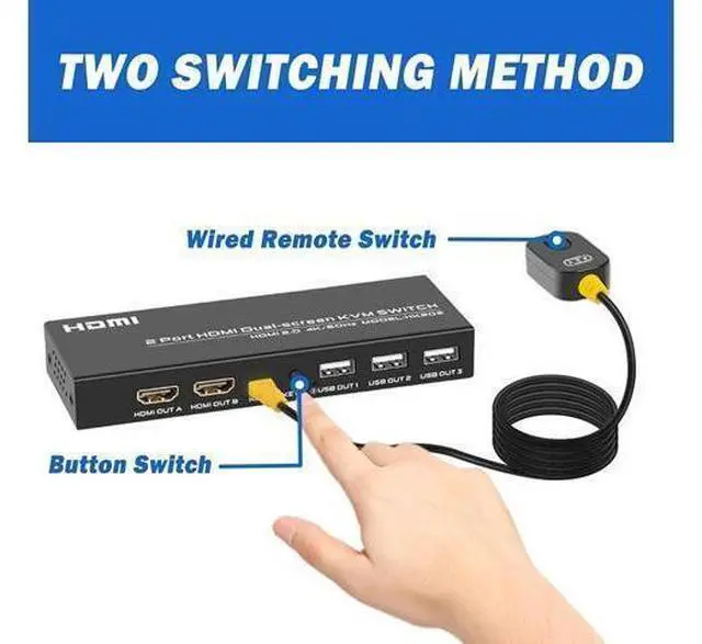 Alt view image 7 of 7 - Dual Monitor HDMI KVM Switch 2 Port 4K @60Hz, USB HDMI Extended Display Switch for 2 Computer Share 2 Monitor and 3 USB 2.0 Device Keyboard Mouse, Desktop Controller and USB Cables Included