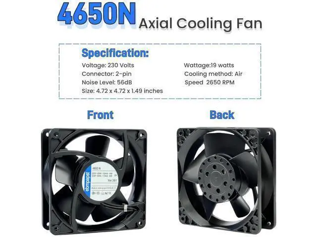 Alt view image 3 of 7 - for ebmpapst Cooling Fan 4650N, All Metal High Temperature Resistant Axial Cooling Fan 2-Pin 120x120x38mm AC 230V 50/60Hz 0.12A