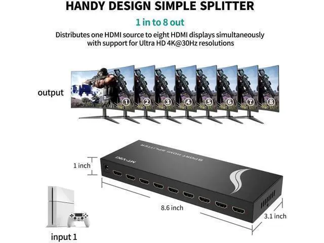 Alt view image 4 of 6 - MT-VIKI 4K 1x8 HDMI Splitter 1 in 8 Out, 8 Port Powered HDMI Splitter Multi Monitor Outputs 3D 4Kx2K@30Hz for Projector, HDTV