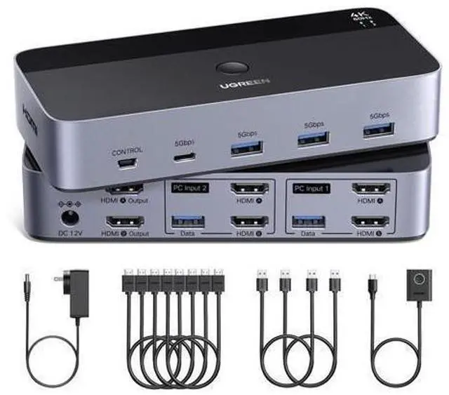 Main image of UGREEN HDMI KVM Switch 2 Monitors 2 Computers 4K@60Hz, with 4 USB 3.0 Ports for 2 Computers Sharing 2 Monitors Keyboard Mouse Printer with 4 HDMI Cables, 2 USB Cables, Power Adapter and Controller