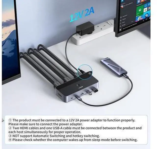 Alt view image 7 of 7 - UGREEN HDMI KVM Switch 2 Monitors 2 Computers 4K@60Hz, with 4 USB 3.0 Ports for 2 Computers Sharing 2 Monitors Keyboard Mouse Printer with 4 HDMI Cables, 2 USB Cables, Power Adapter and Controller
